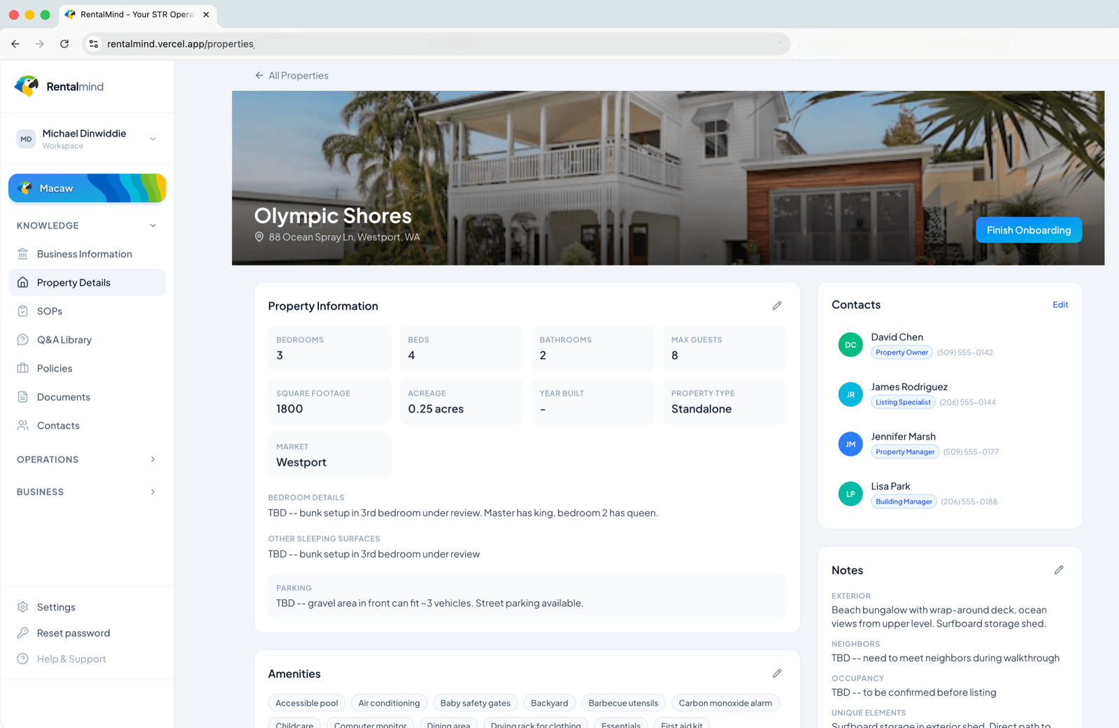 RentalMind app showing the Olympic Shores property page: details, contacts, and notes side by side.