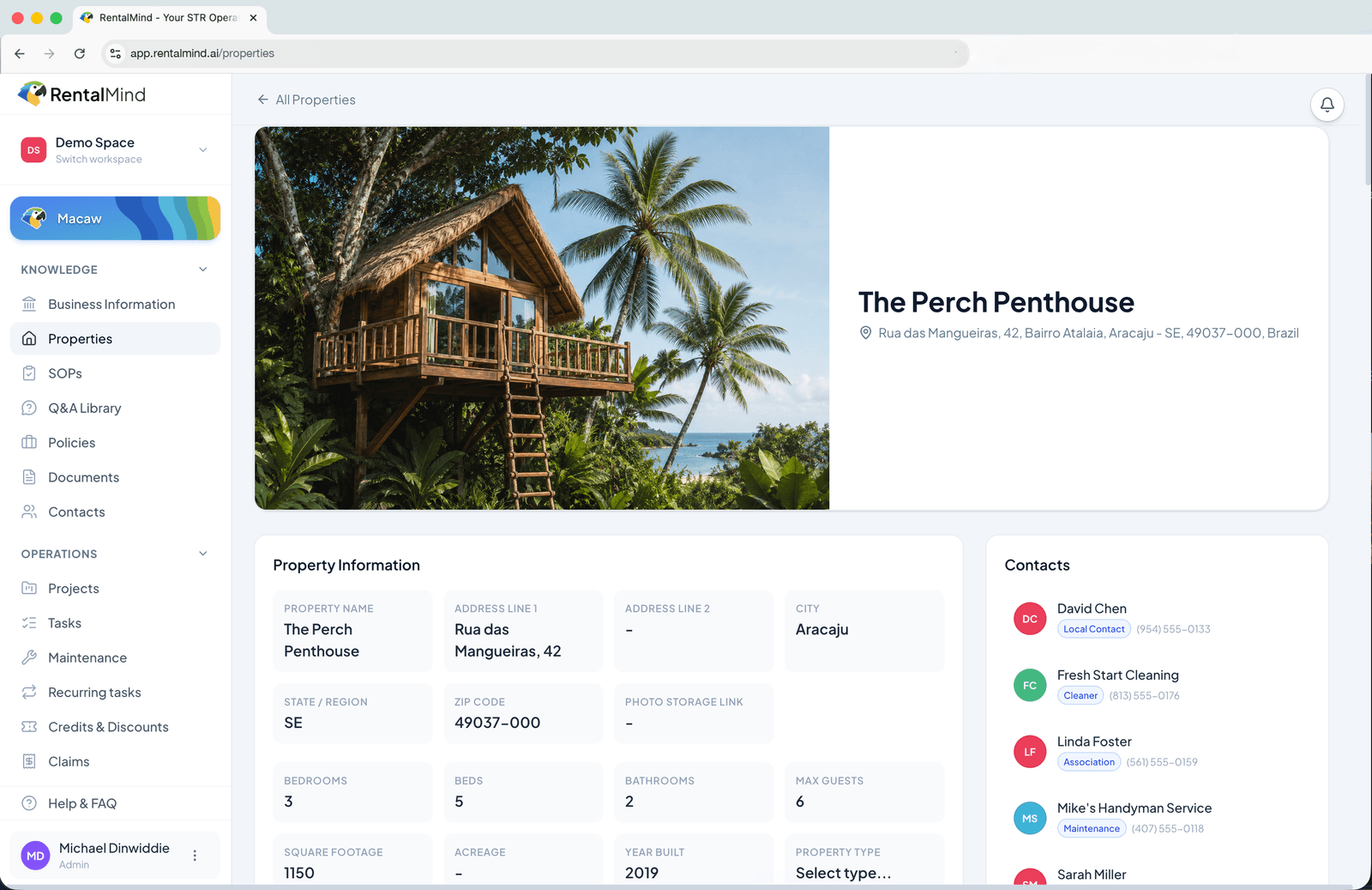 RentalMind app showing The Perch Penthouse property page: property details and contacts side by side.